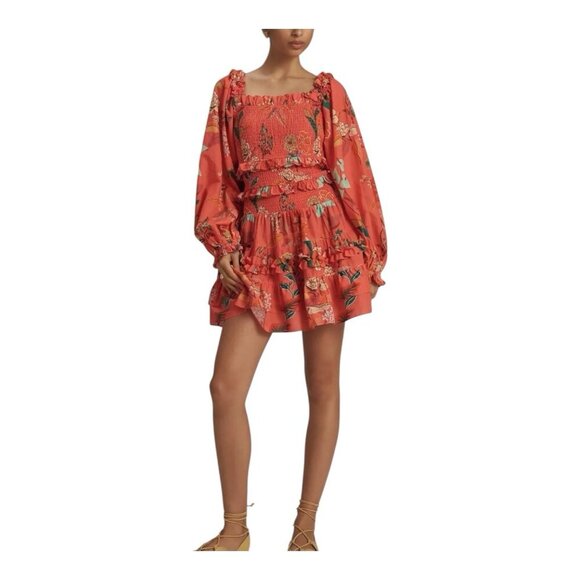 Farm Rio Anthropologie Smocked Ruffle Mini Dress Large Coral Long Sleeve - Picture 1 of 12